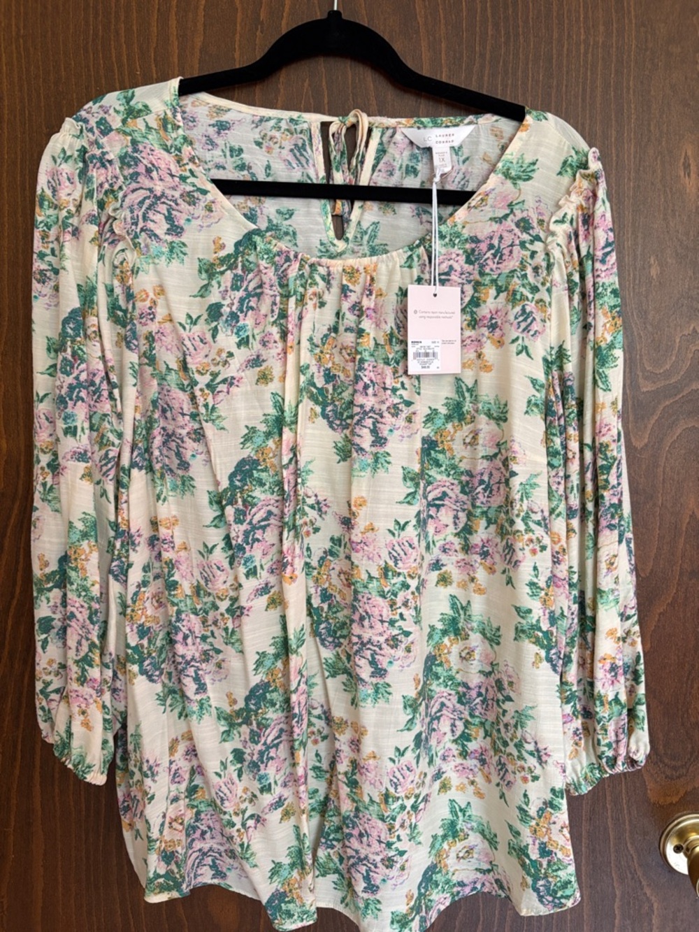 LC Lauren Conrad Cream Floral Peasant Tunic with Pink and Green Print